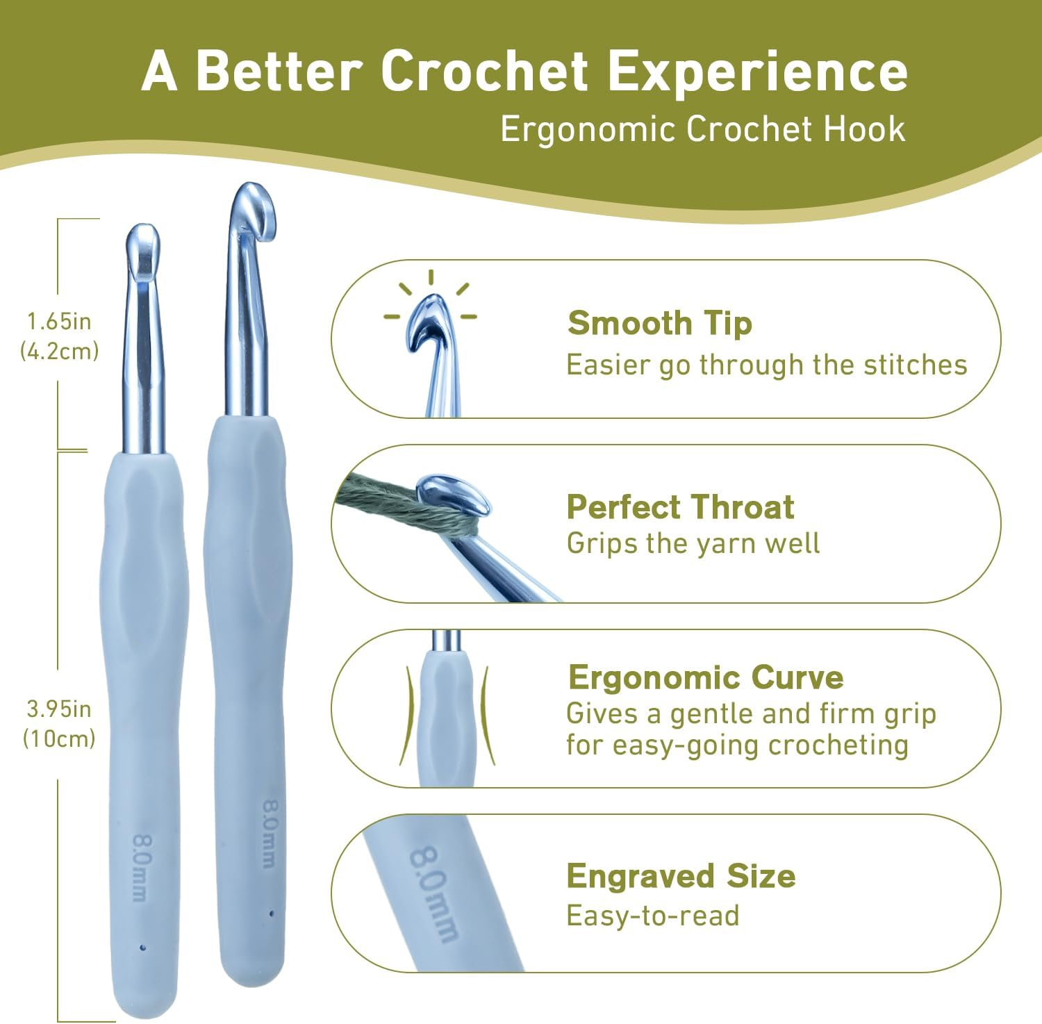 8Mm Crochet Hook, Supers Smooth 8 Mm Ergonomic Crochet Hooks for Beginner, Comfort for Arthritic, 1 Pack image number 5