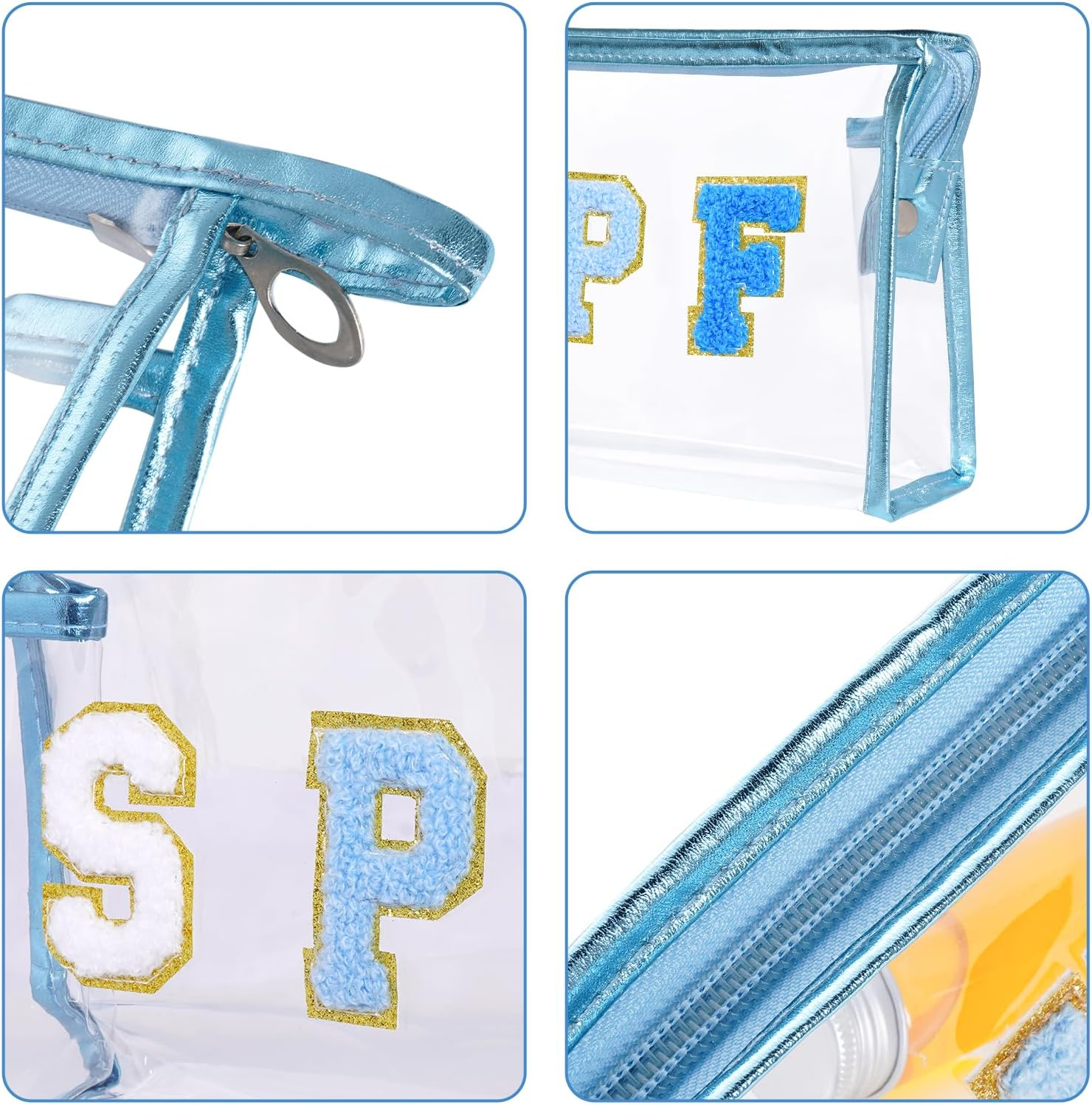Clear Preppy Patch Makeup Bag, SPF Chenille Letter Bag for Beach, Clear Pouch with Zipper, Preppy Travel Bags Clear Cosmetic Toiletry Bag for Women Girls Teens, Blue SPF Blue - Blue Spf Blue image number 3