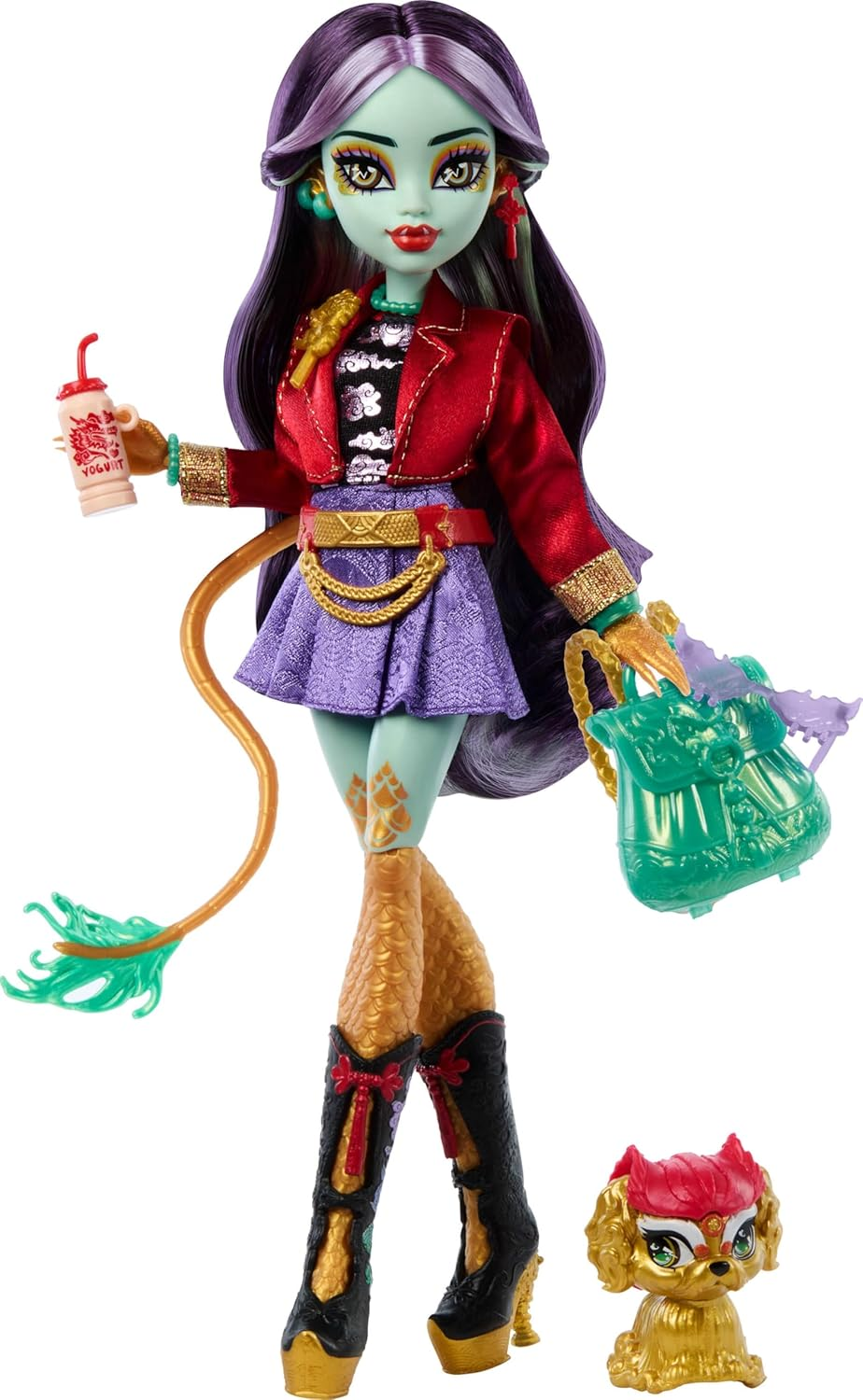 Monster High Jinafire Long Doll, Dragon with Pet Dog Cloudy &ldquo;Yun Yun&rdquo; and 7 Accessories like Sketch Pad, Yogurt Drink, Backpack and More