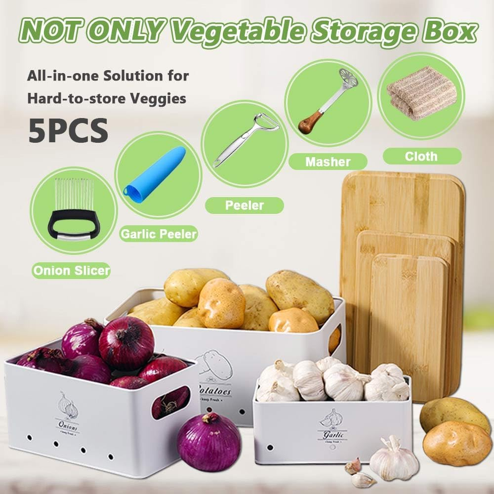 8PCS Kitchen Vegetable Storage Containers,Potato and Onion Garlic Storage Bin with Peeler,Slicer,Masher,Garlic Press & Cloth, Carbon Steel Potato Storage Box with Airflow & Wooden Lid (White) image number 5