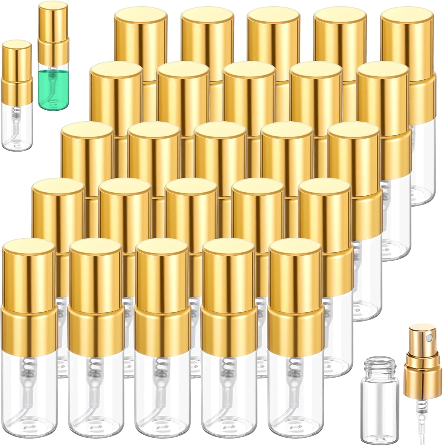 Alrhso 50Pcs 2Ml Glass Empty Tiny Spray Bottle Empty Perfume Bottles Atomizer Clear Atomizer Sprayer for Perfume Sample Bottles Refillable for Travel Fine Mist (Gold Cap) image number 1