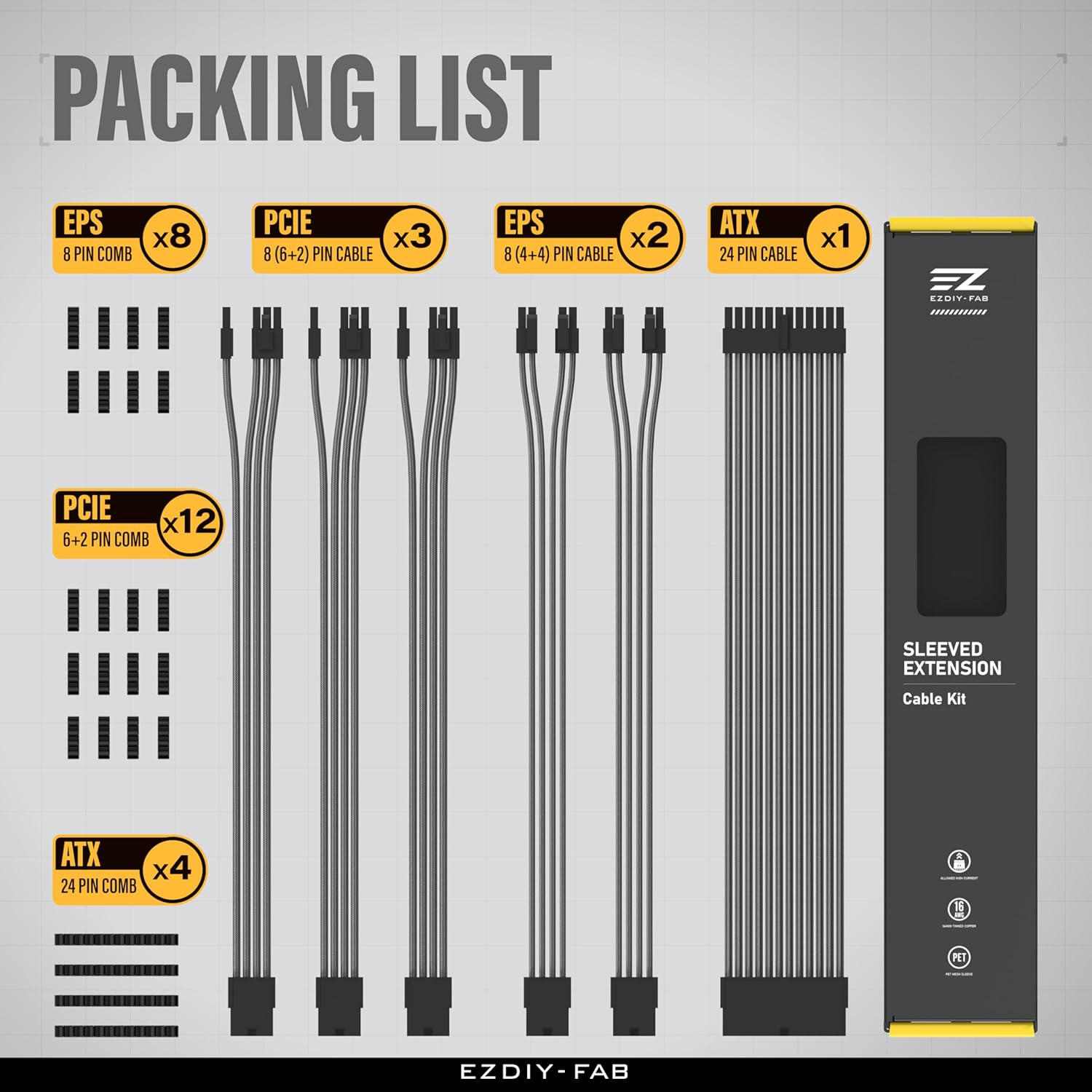 EZDIY-FAB PSU Cable Extension Kit,16Awg Power Supply Extension Cable,1X24Pin/2X4+4 Eps/3X6+2 Pci-E,Custom PC Sleeve Cable 300MM with Combs-Carbon image number 1