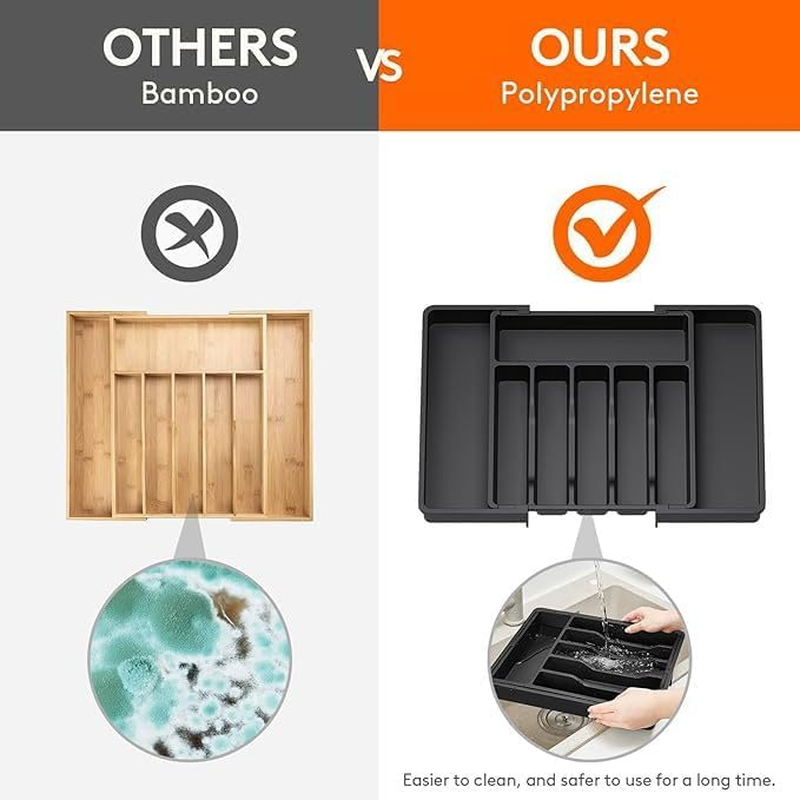 Adjustable Kitchen Cutlery Drawer Organiser, Expandable Utensil Tray, Large Black Storage for Silverware image number 2