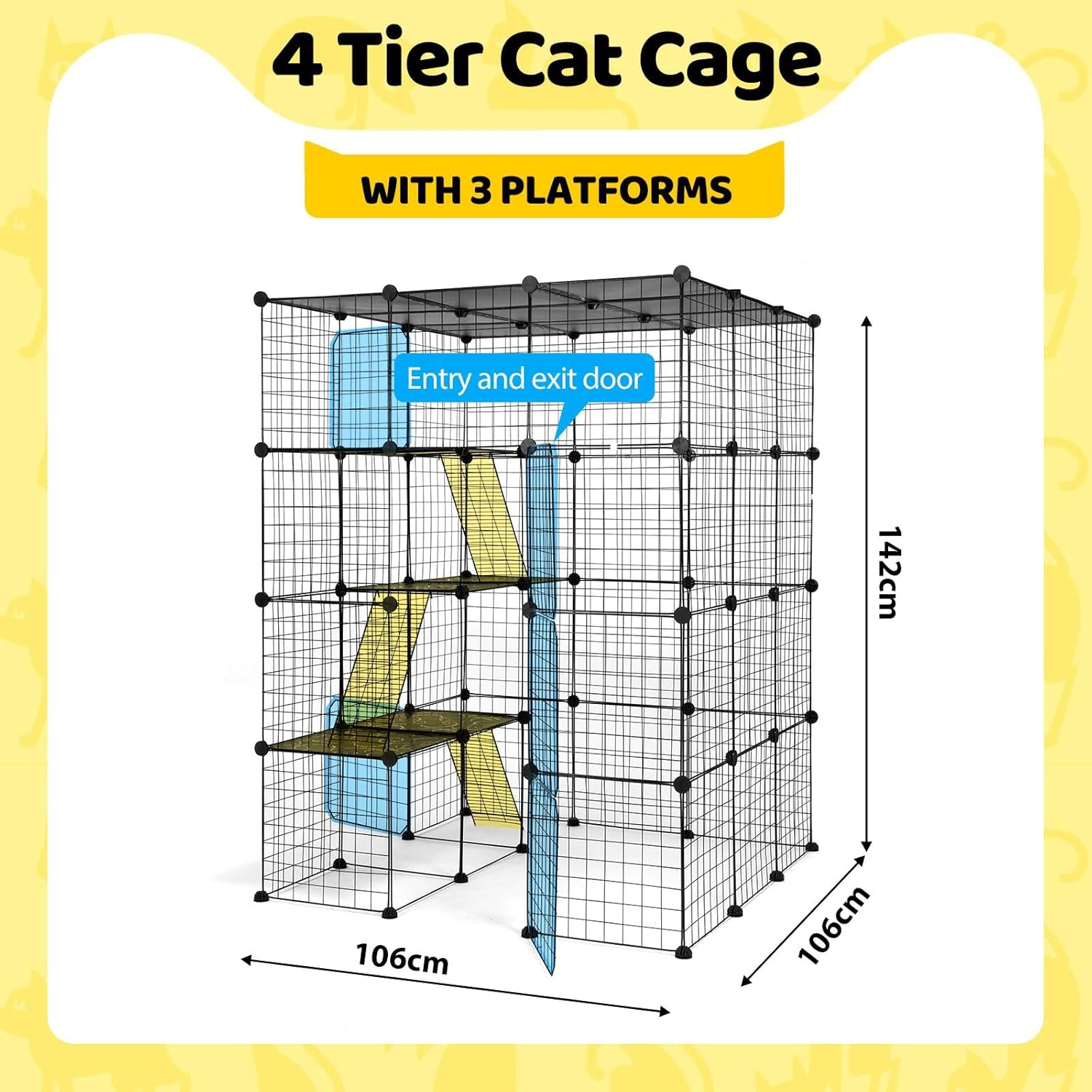 Pet Scene Cat Enclosure Cage 142Cm DIY Pet House 4 Tier Indoor Rabbit Hutch Bunny Ferret Crate Kitten Fence Kennel Playpen 3 Platforms 3 Ramps Detachable Metal