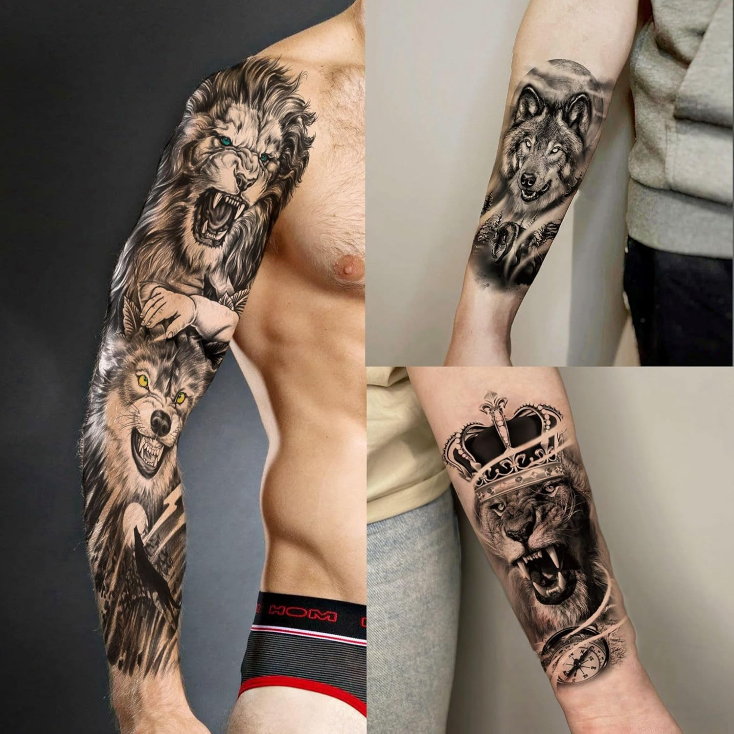 20 Sheets Black Wolf Tiger Lion Full Arm Temporary Tattoos Men Women Adhesive Tattoos Adults Ship Zeus God Rose Flower Half Sleeve Adhesive Tattoos for Sticking, Waterproof Fake Tattoo Stickers image number 5