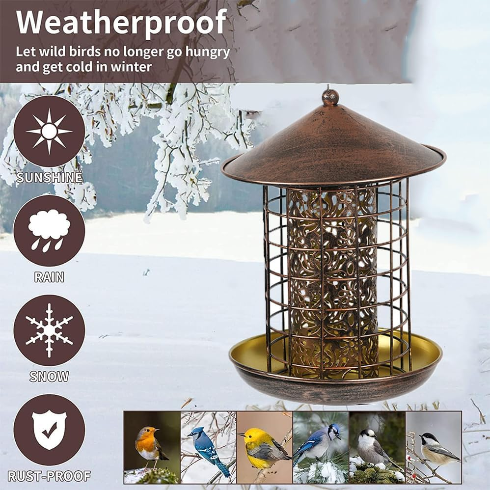 Outdoor Wild Bird Feeder, Cage Bird Feeder, Heavy Metal, Squirrel Proof, Garden and Courtyard Decoration, Woodgrain Finish Heavy Duty Mesh Metal Bird Feeder, Vintage Style with Unique Decorations