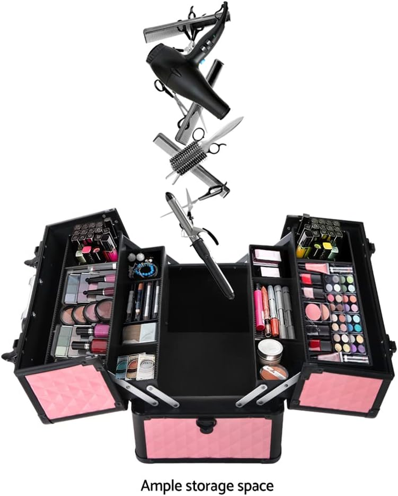 Embellir Makeup Case, Aluminium Lockable Beauty Cases Suitcase Make up Large Organisers Storage Portable Toiletry Cosmetic Box Travel Indoor Outdoor, with 4 Trays Shoulder Strap 8 Dividers Pink image number 3