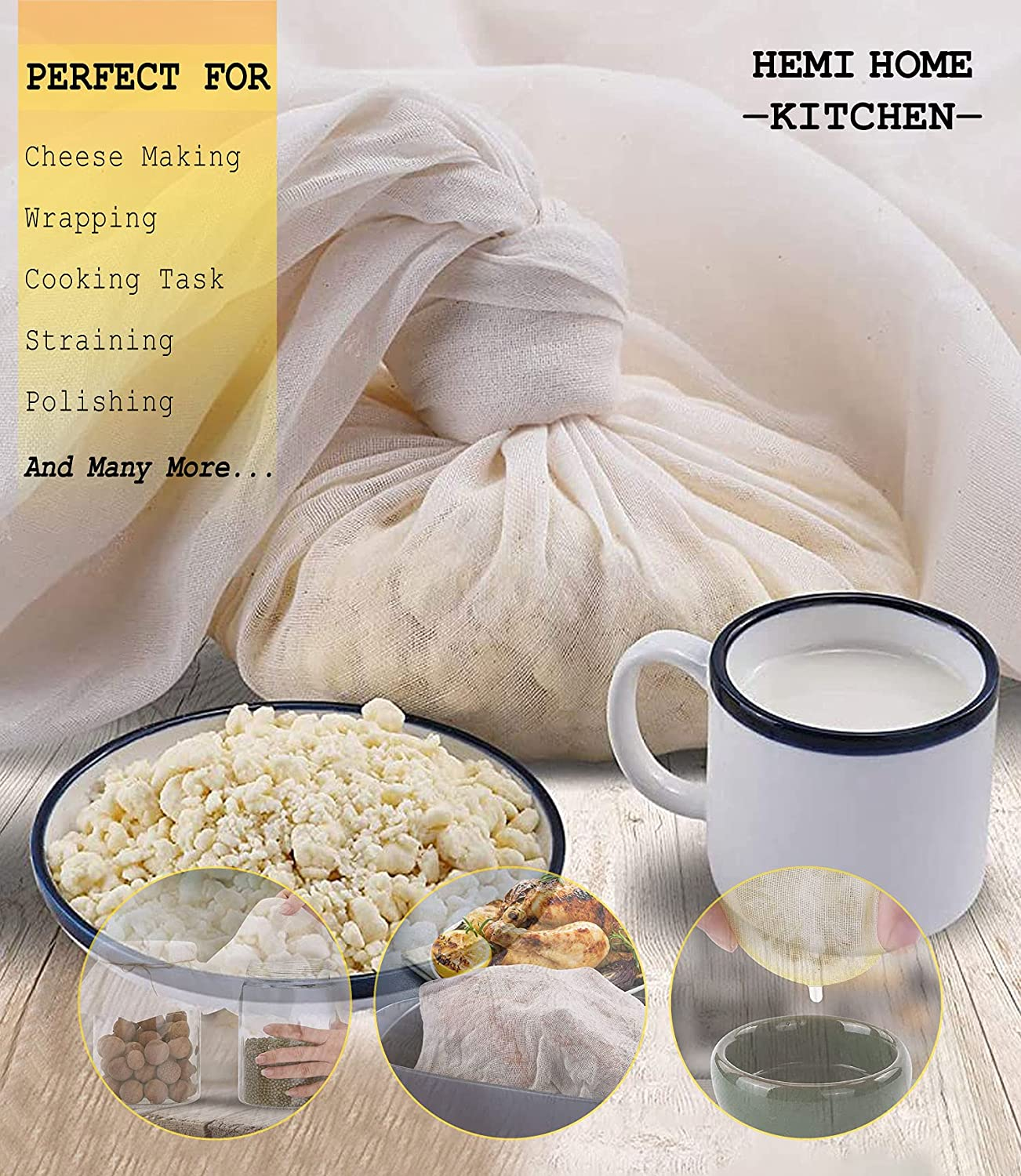 Hemi Home Cheesecloth, Muslin Cloth, Grade 90, Ultra Fine, Reusable,100% Cotton, Unbleached | Best for Cooking, Baking, Nut Milk Bag, Strainer, Filter (36 Sq Feet / 4 Yards)