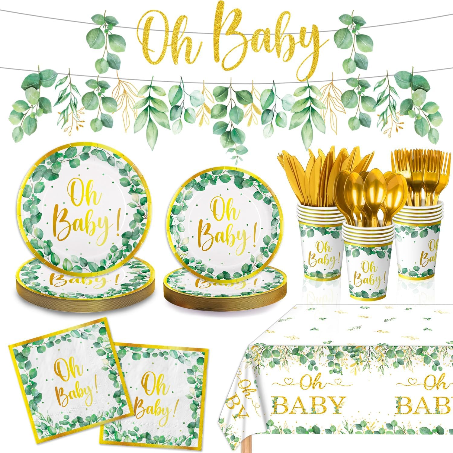 177 PCS Sage Greenery Baby Shower Party Supplies Gender Neutral Baby Shower Decorations OH Baby Banner Paper Plates Napkins Cup Cutlery Tablecloth for Girl Boy Sage Green Baby Shower Decorations image number 1