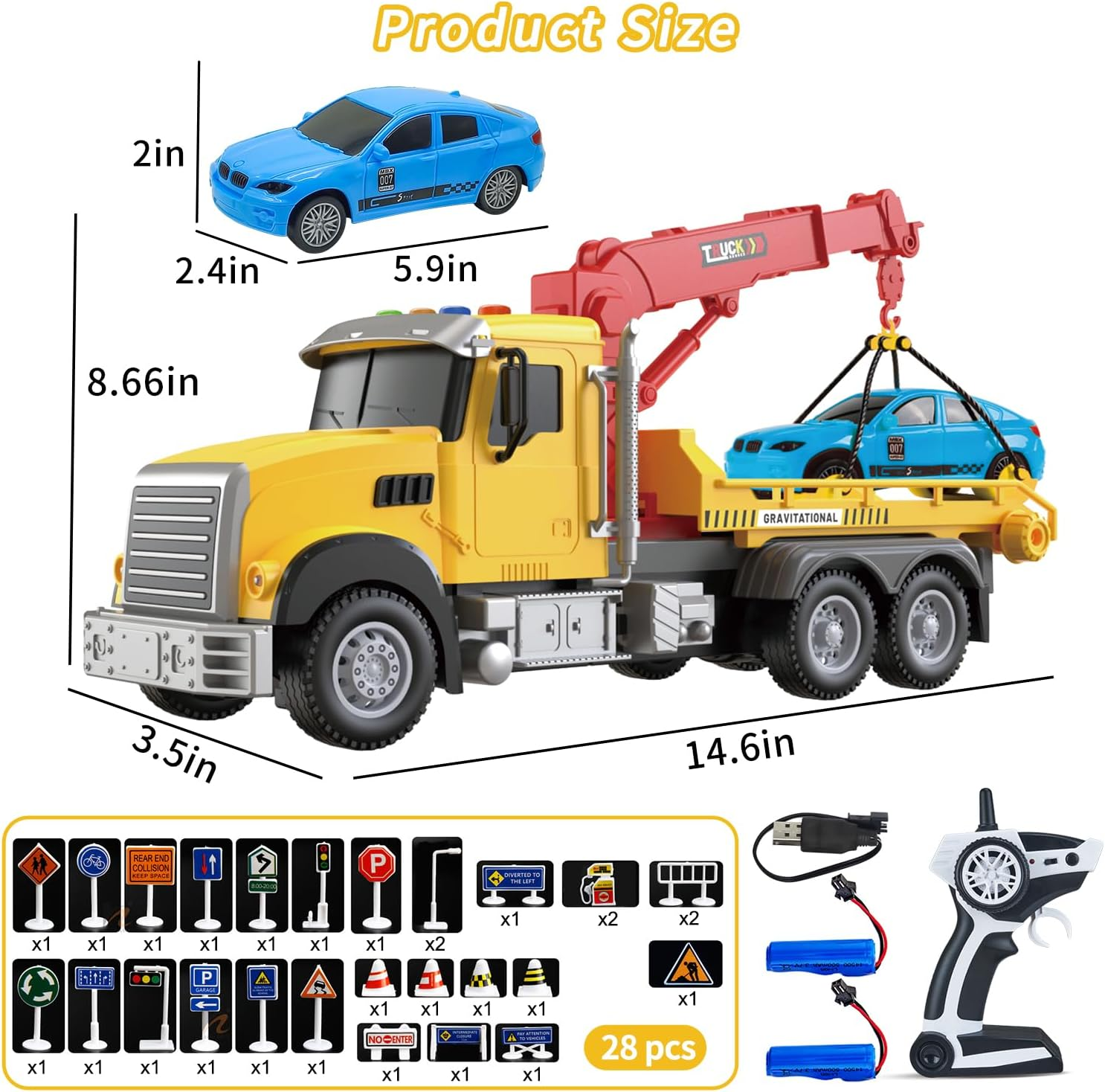 Yiwsnust Remote Control Tow Truck Toy &ndash; 2.4Ghz RC Tow Truck with Racing Car, 4 Channel Transport Crane Truck with Lights, Sounds, 28PCS Traffic Signs, 2 Batteries, RC Truck Kids Toys for 6 7 8 Boys image number 4