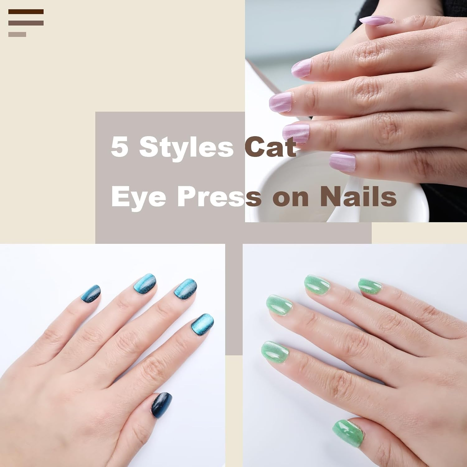 150 Pcs Cat Eye Press on Nails Short 5 Styles round Square Fake Nail Tip Kit Glitter Acrylic Gel False Stick on Manicure DIY Natural for Women Girl - Mixed-4 image number 4