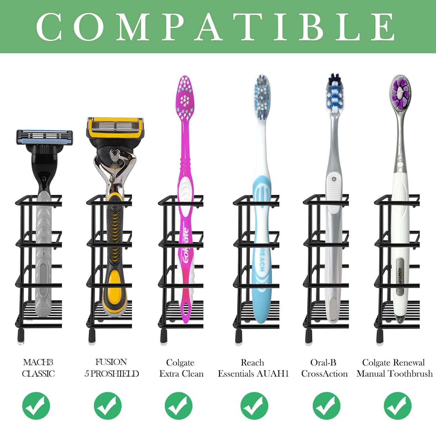 Linkidea Wall Mount Toothbrush Holder for Shower, Stainless Steel Tooth Brush Stand, Countertop 3 Slots Organizer Compatible with Colgate Extra Clean, Oral-B Crossaction (Black) image number 5