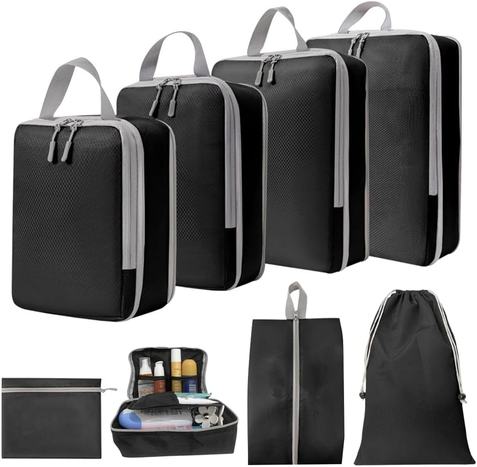 Unipro GOODS- Travel Bag Luggage Organizers 8 Piece Set- Compression Packing Cubes for Suitcases, Drawstring Pouch and Shoe Bag, Travel Accessories, More Lightweight and Durable
