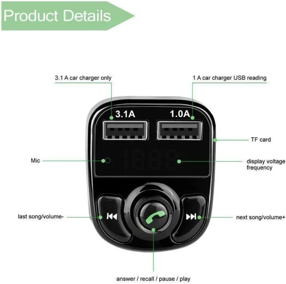 X8 Bluetooth Dual USB Car Charger Black FM Transmitter, Wireless Radio Adapter Kit with MP3 Player, TF Card & USB Disk Support image number 1