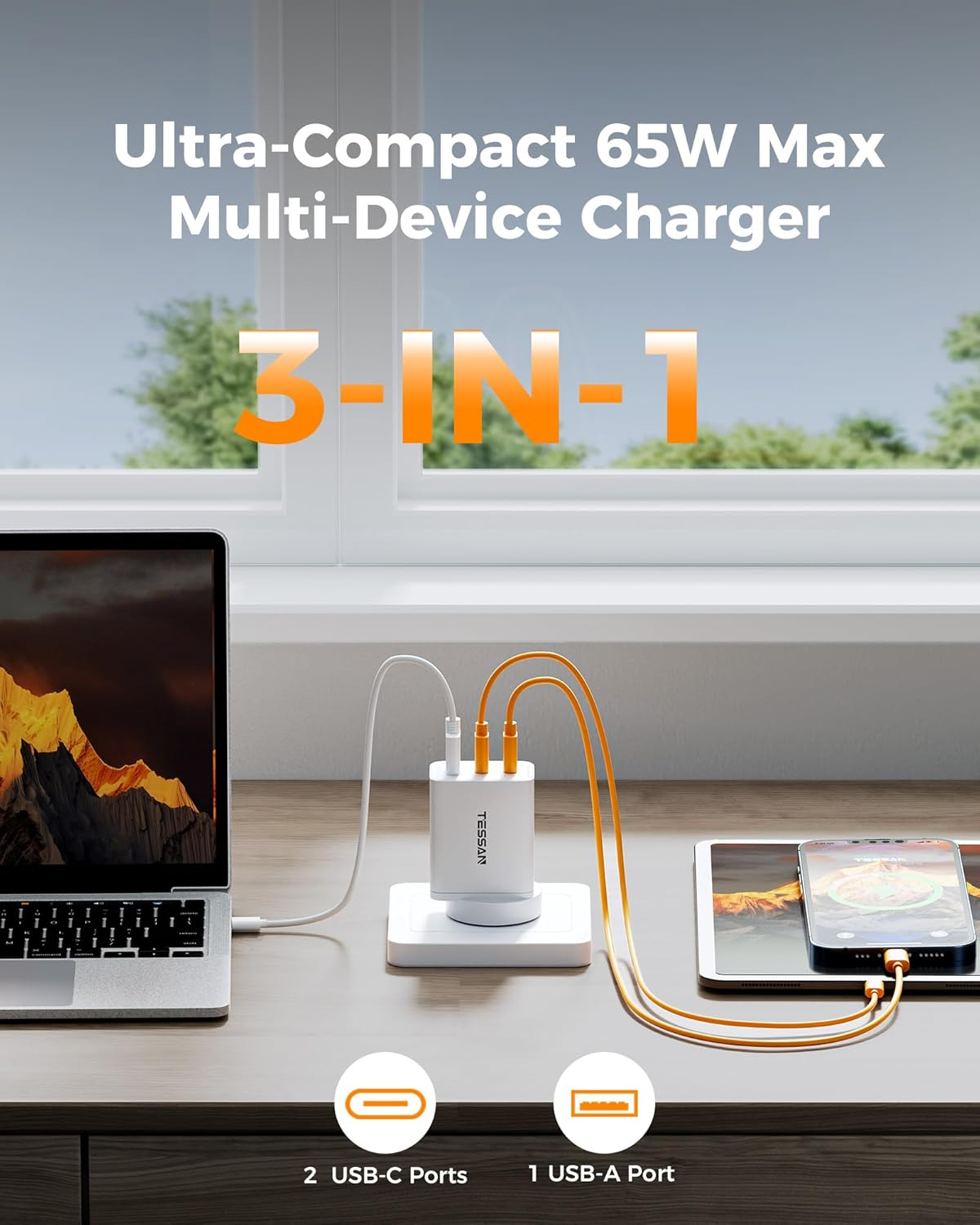 TESSAN 65W USB C Fast Charger, 3-Ports Fast Charging Block with Dual USB-C PD and 1 USB-A QC3.0(60W Max), Gan Power Adapter AU Plug Compatible for Iphone 16/15/14/13,Macbook Pro,Ipad,Samsung and More image number 5