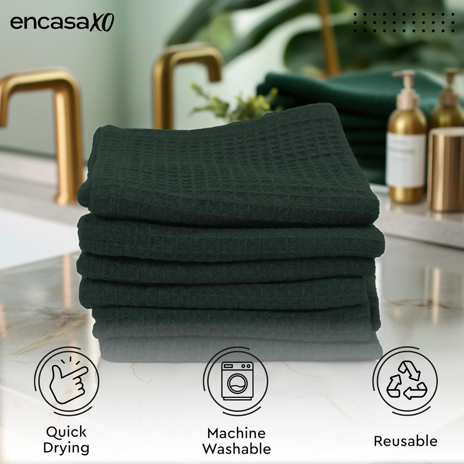 Encasa XO Face and Hand Towels for Bath, Gym - 30X30 Cm | Green | Set of 6 - Quick Dry Waffle Weave Face Cloths - Reusable Dishcloths for Everyday Use image number 2