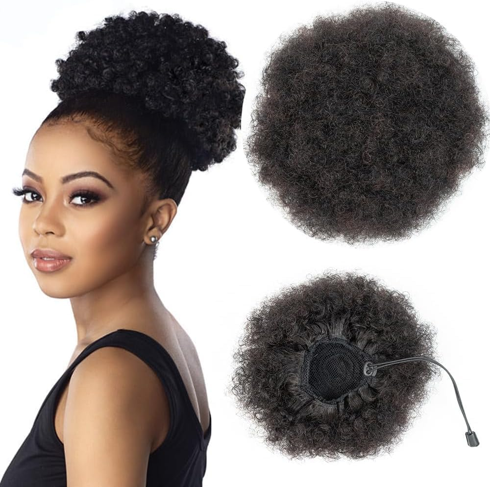 Puff Drawstring Ponytail Extensions Short Synthetic Ponytail Kinky Curly Ponytail Bun Hair for Black Women Updo Ponytail Hair Natural Black image number 6