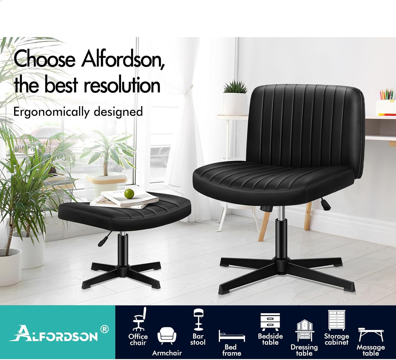 ALFORDSON Criss-Cross Desk Chair with Cross Leg Ottoman Stool, Xavi Series, PU Leather Upholstery, Ergonomic Armless Office Chair with Channel-Tufted Mid-Back Design, 180Kg Capacity, Black