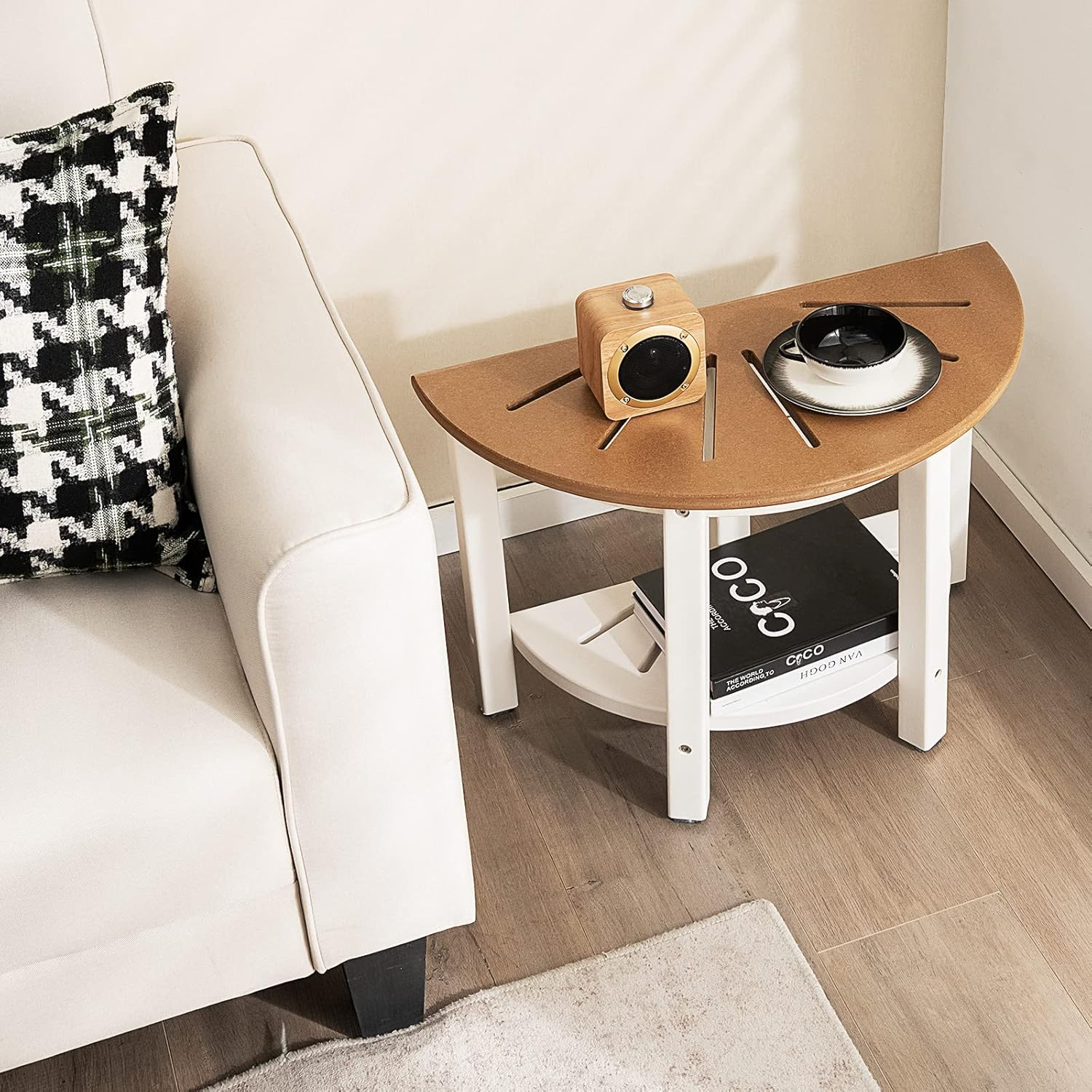 Costway HDPE Shower Bench with Shelf, 46.5 Cm Shower Stool with Semicircular Seat & Storage Shelf, Waterproof 2-Tier Bath Chair for inside Shower & Shaving Leg, Suitable for Indoor & Outdoor Use, Brown + White image number 6