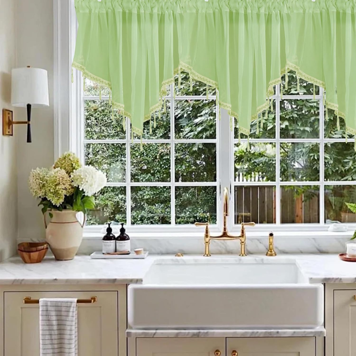 1Pcs Purple Sheer Valance Curtains 51.2 X 23.6 Inch, Beaded Swag Valances for Windows Living Room Kitchen Bedroom Bathroom, Short Top Farmhouse Valance Curtains with Rod Pocket Tassel Voile - Green image number 5