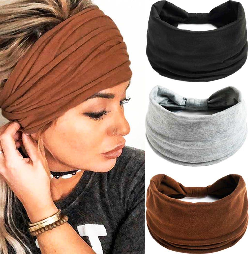 GORTIN Boho Headbands Leopard Hair Bands Knoted Turban Headband Stretch Twist Head Wraps Stripe Cloth Head Bands for Women and Girls 3 Pcs (X-Solid Color Set 1) image number 5
