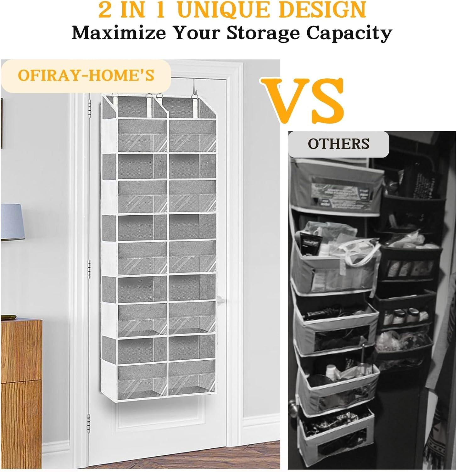 Over the Door Organizer, 5-Tier Extra Large behind Door Storage with 10 Big Front & 10 Mesh Pockets, 80Lb Capacity, Hanging Storage Organizer with Clear Window Kids Toys, Shoes, Diapers, Light Grey - 2Pack Beige image number 6