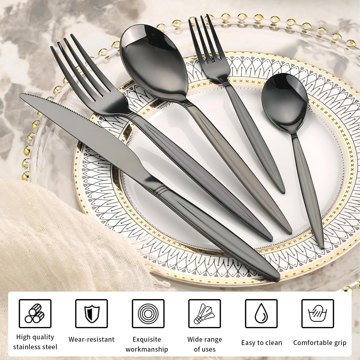 Black Cutlery Set 30 Pieces Service for 6, Berglander Titanium Black Plated Stainless Steel Flatware Set, Knives Forks Spoons Silverware Set