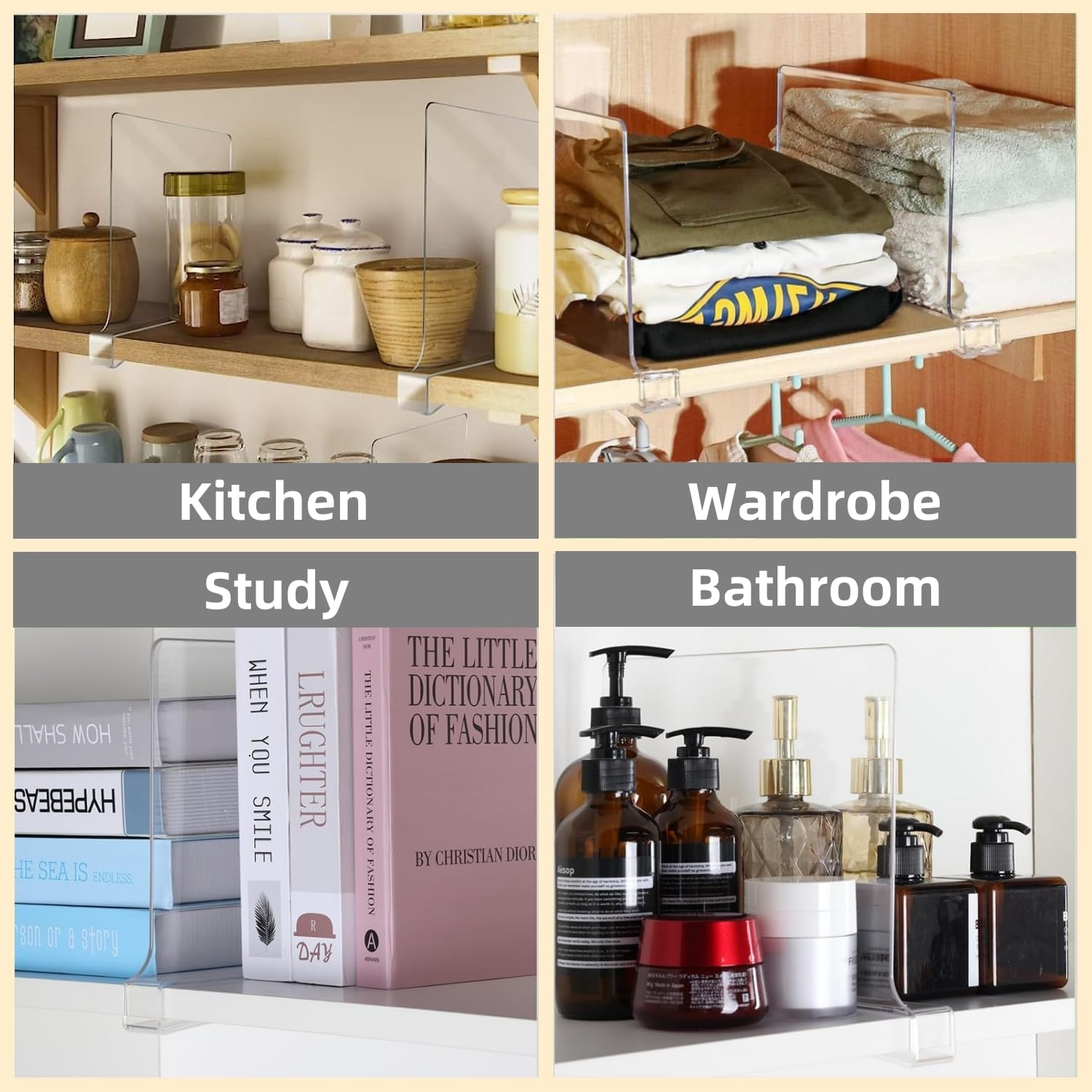 FORYUSE 12 Pack Acrylic Shelf Dividers for Closet Organization Clear Organiser Wooden Shelving Cabinet Separator Bedroom Kitchen Office Bookcase image number 3