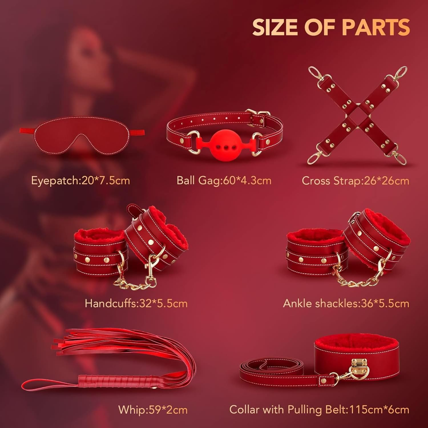 LONZYON Sex Bondage Restraints Kit, 11 PCS Bondage Set Couples Sex Toys with Adjustable Ankle, Thigh Sex Cuffs & Handcuffs, Thick Leather Material BDSM Toys Restraints Sex Things for Couples Kinky (Red) - Red image number 5