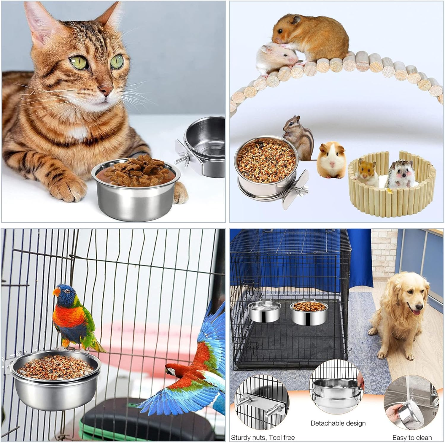 Stainless Steel Bird Feeding Dish Cups, 3Pcs Feeding Cups, Parrot Food Water Bowls with Clamp Holder, Bird Dishes for Parrot Cockatiel, Budgies, Small Animal, Chinchilla image number 4