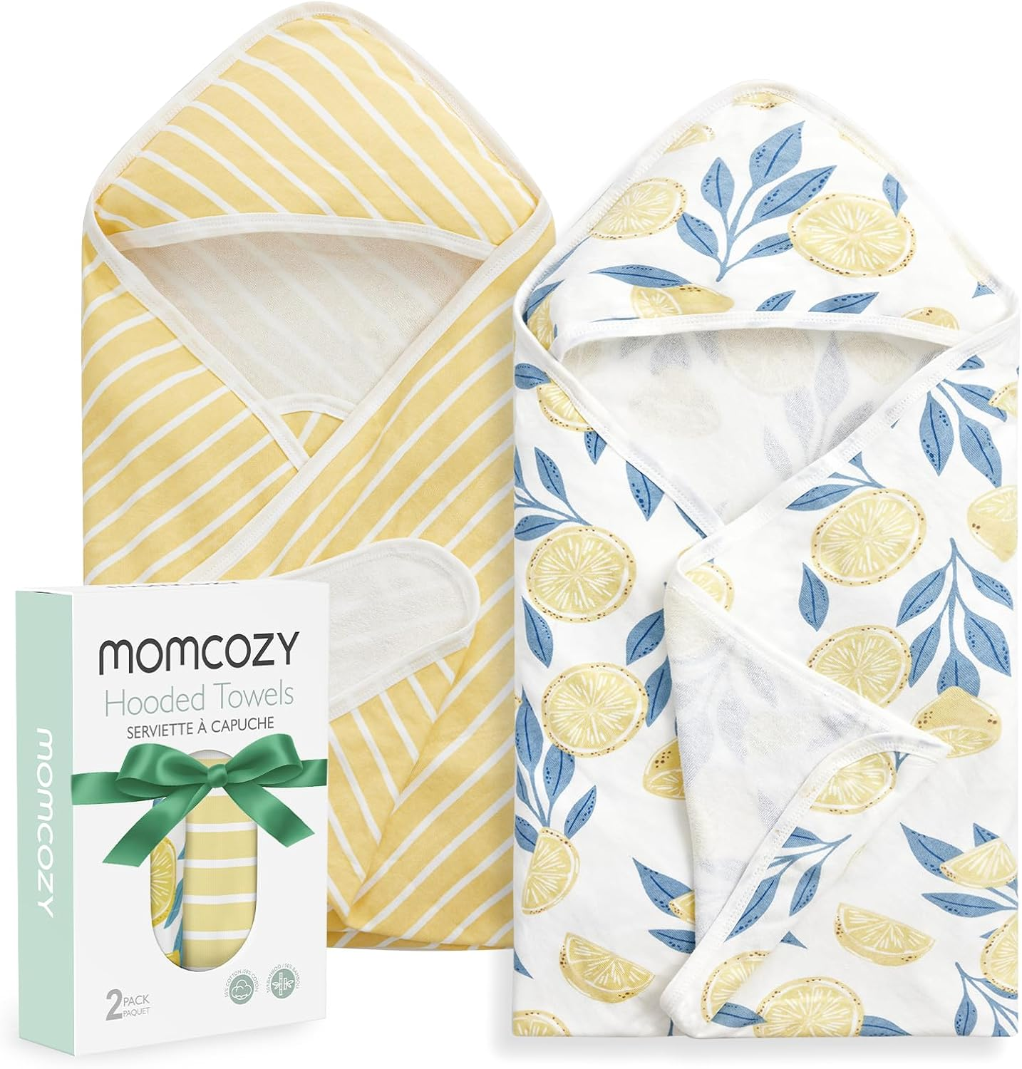 Momcozy Baby Hooded Towel, 2 Pack Baby Towel Set, Super Soft Bath Towel with Original Design, Shower Gifts for Infant, Toddler (28 X 28 Inch, Lemon Leaves) image number 2