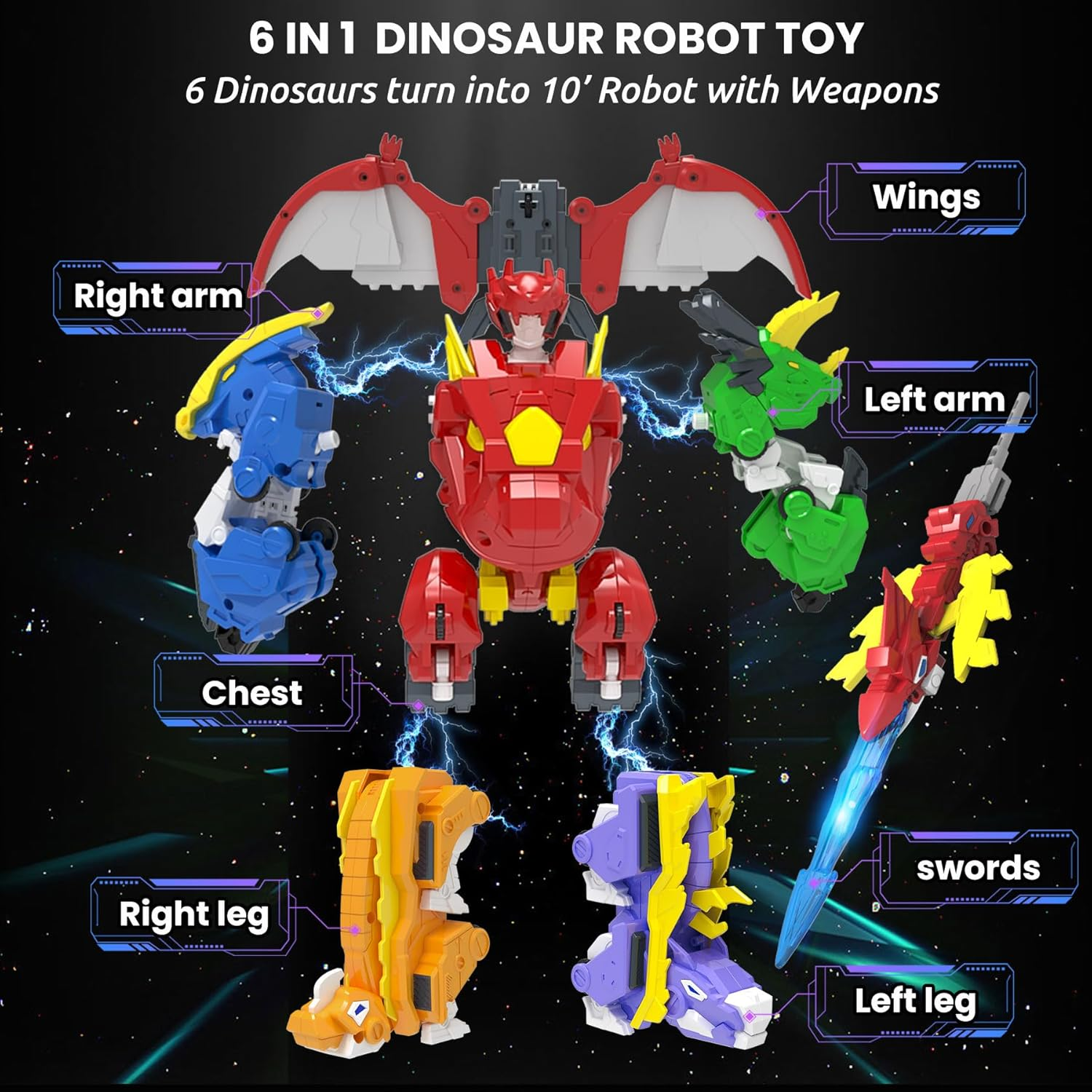 Wenbeier Dinosaur Turn into Robot Toys/6 in 1 Action Figures Take Apart Dinosaur Toys for Boys & Girls Ages 6-12 image number 5