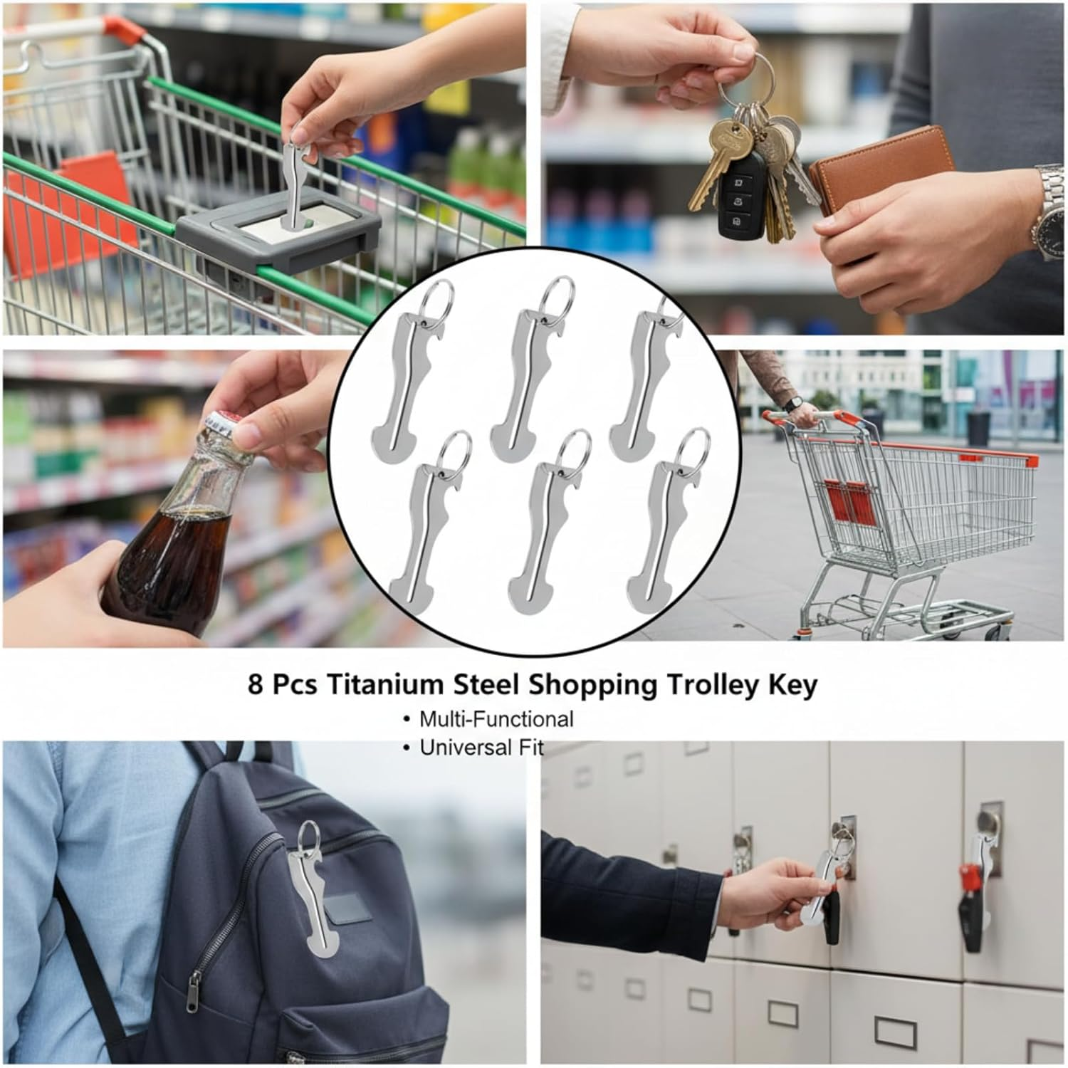 6 Pcs Titanium Steel Shopping Trolley Key, Anti-Lost Keychain with Bottle Opener, 3-Shapes Universal Fit for Supermarket Carts (2) image number 4