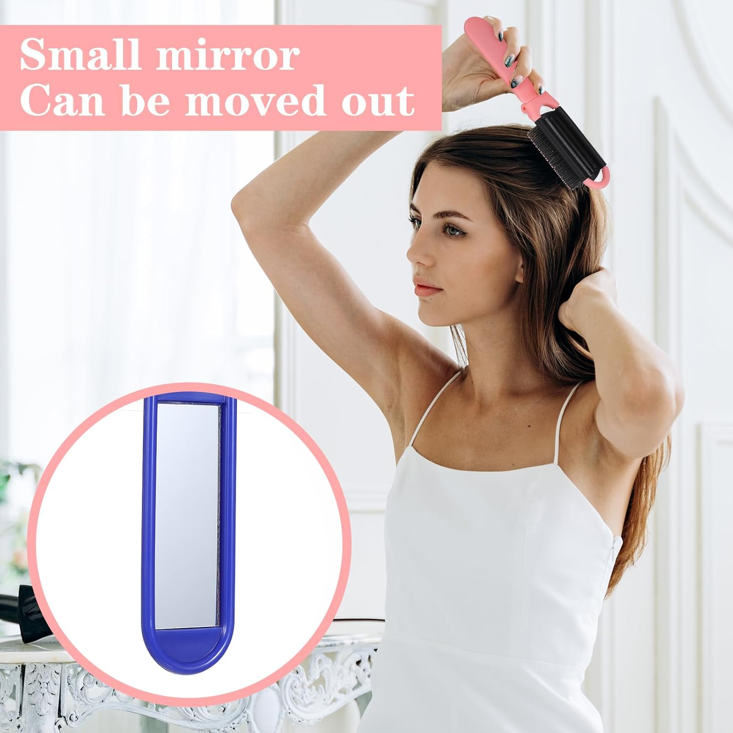 Classicseali Pack of 2 Foldable Hair Brush, Travel Brush, Foldable with Mirror, Folding Comb, Folding Brush, Mini Hair Brush for Men and Women, Portable Hair Styling Tools (Pink, Blue)