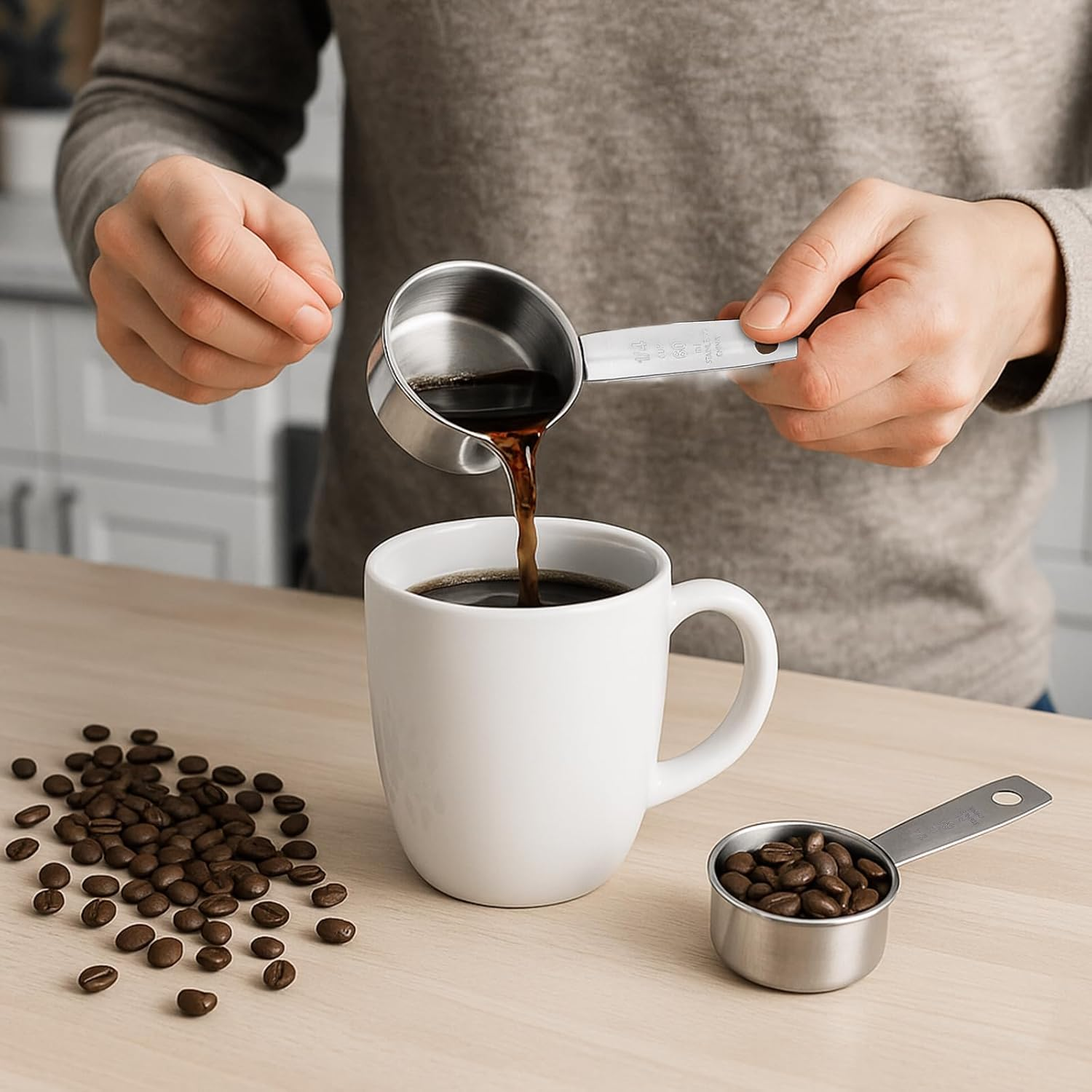 2 Pieces 60 Ml Coffee Spoon Scoop, Stainless Steel Measuring Cup Set, Long Handle Measuring Spoon, Espresso Spoon, Measuring Cups, Kitchen Set for Liquids, Solids, Tea, Coffee, Cocoa, Beans, Milk image number 1
