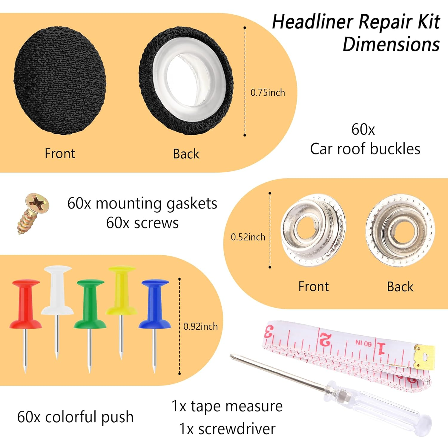 60PCS Car Headliner Repair Kit,Push-In Rivets Retainer Clips Headliner Pins for Car Interior Accessories Patching,Multipurpose Ceiling Fabric Repair Buckle with Installation Tool (Black) image number 4