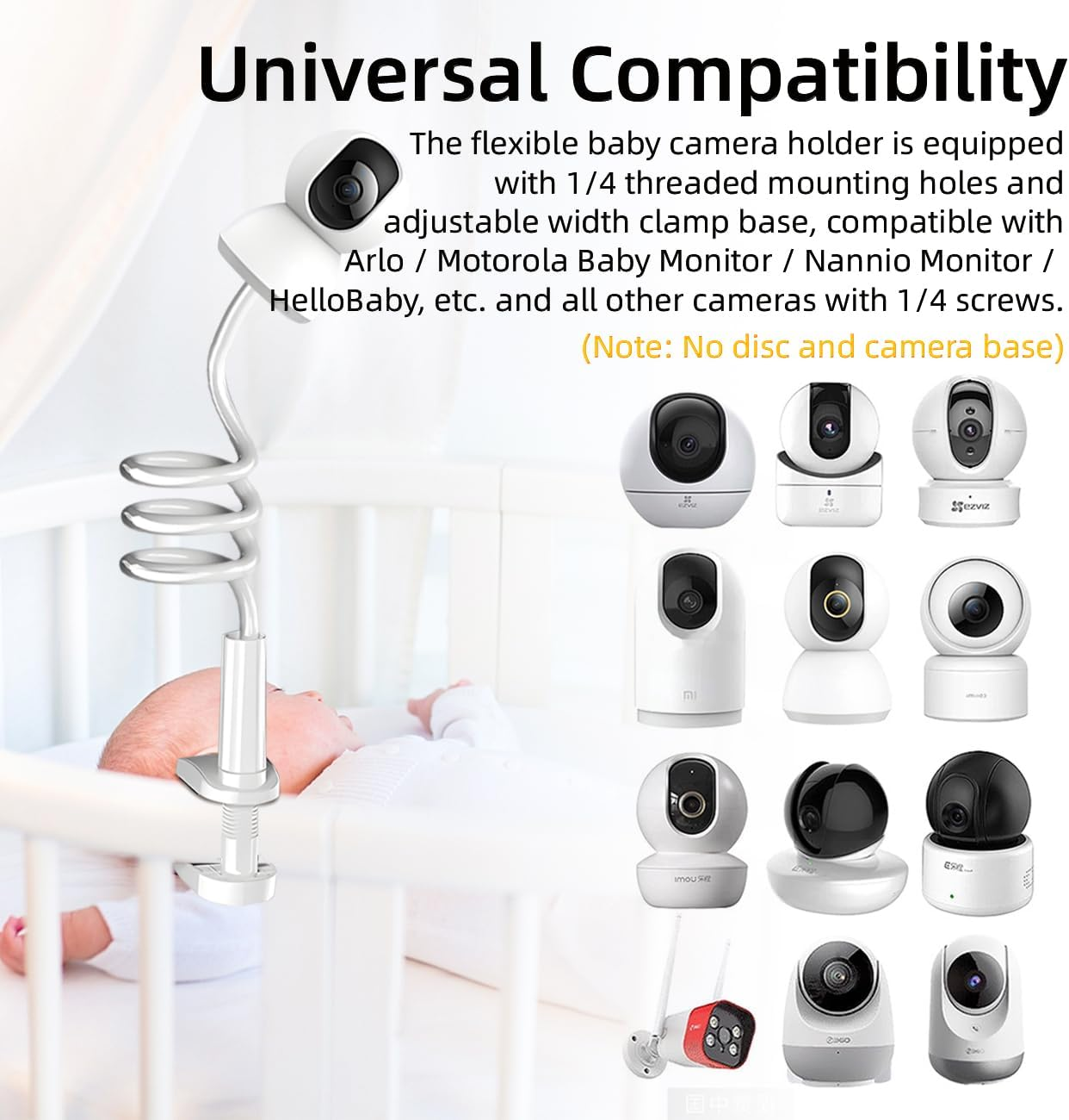 Universal Baby Monitor Mount - No Drilling Required Baby Camera Holder Crib Camera Stand with 1/4 Screw Twist Compatible with Arlo, Motorola, Hello Baby and Most Monitor Cameras (Clip on 1.1M) image number 4