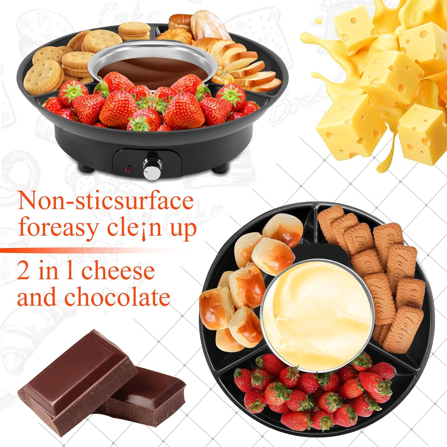 Electric Fondue Pot Set,Chocolate Fondue Kit Temperature Control, Detachable Serving Trays and 4 Roasting Forks,Gift Set and Date Night Idea. image number 2