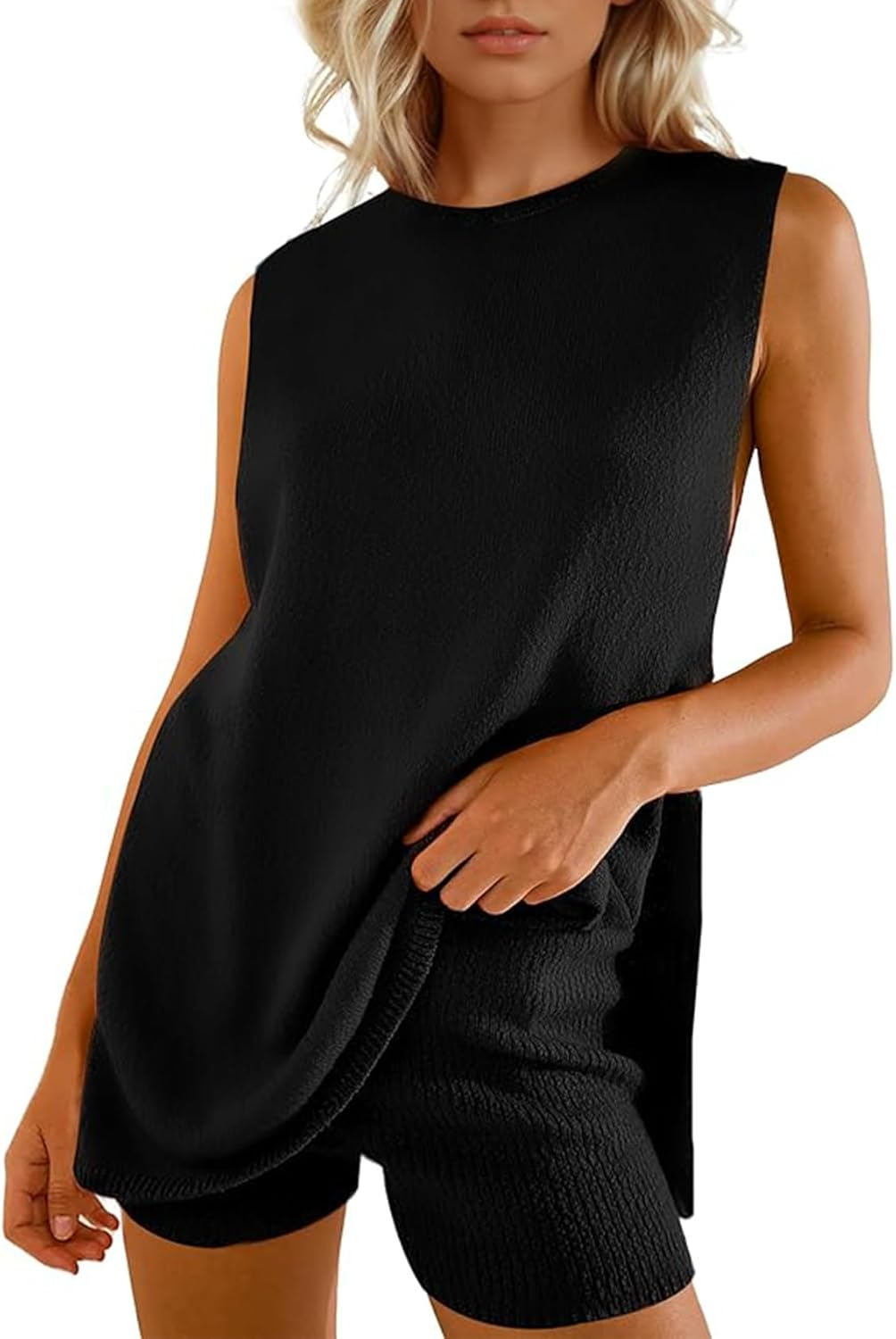 Wyeysyt Women'S Summer Sweater Set Sleeveless Tunic Top and Shorts 2 Piece Outfits Beach Vacation Sets Tracksuits