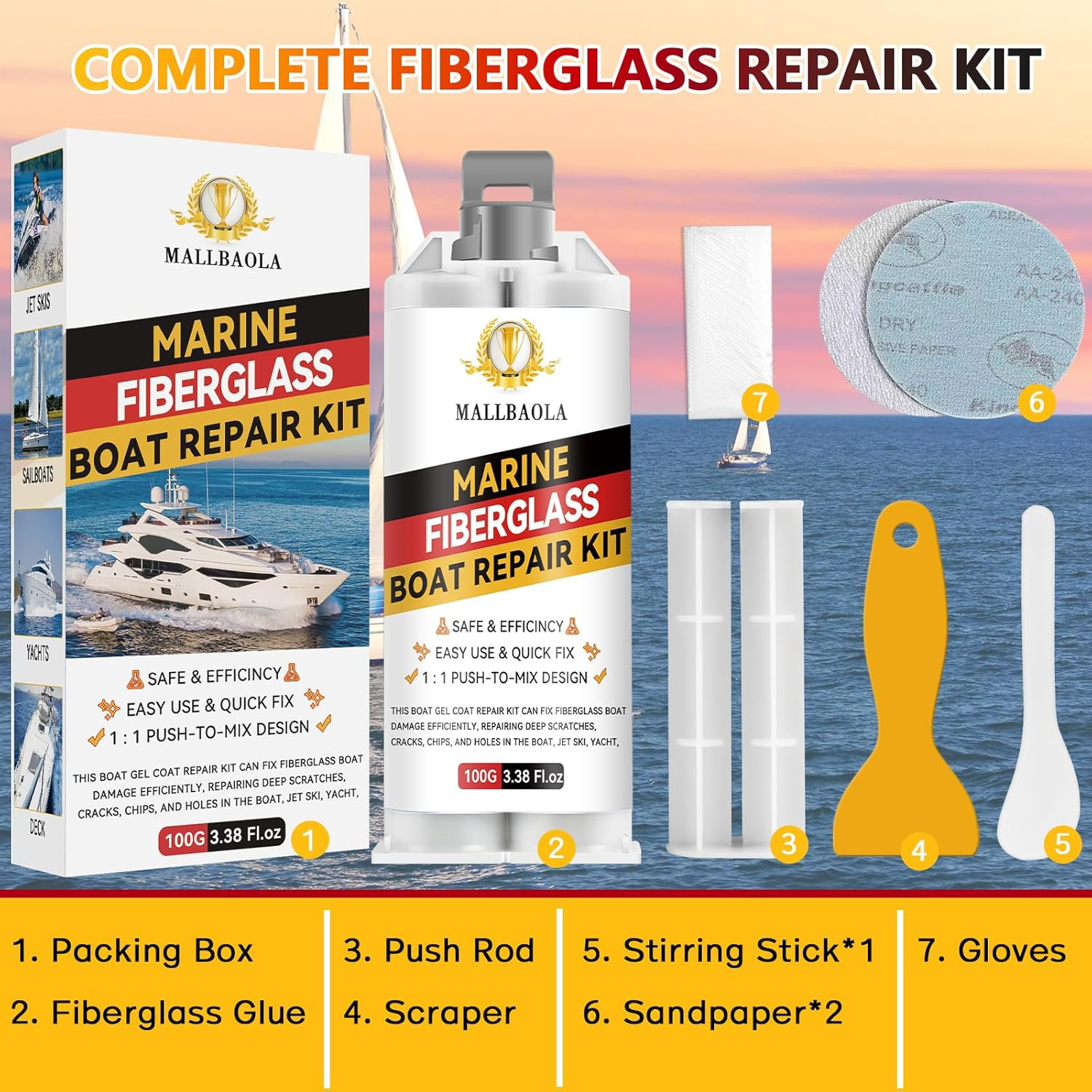 Marine Fiberglass Repair Kit for Boats, Gel Coat Repair Kit for Boats, Epoxy Filler for Fiberglass Boats Fix Holes, Chips and Deep Cracks, Gelcoat Repair Kit for Fiberglass, Acrylic, Porcelain(White) image number 5