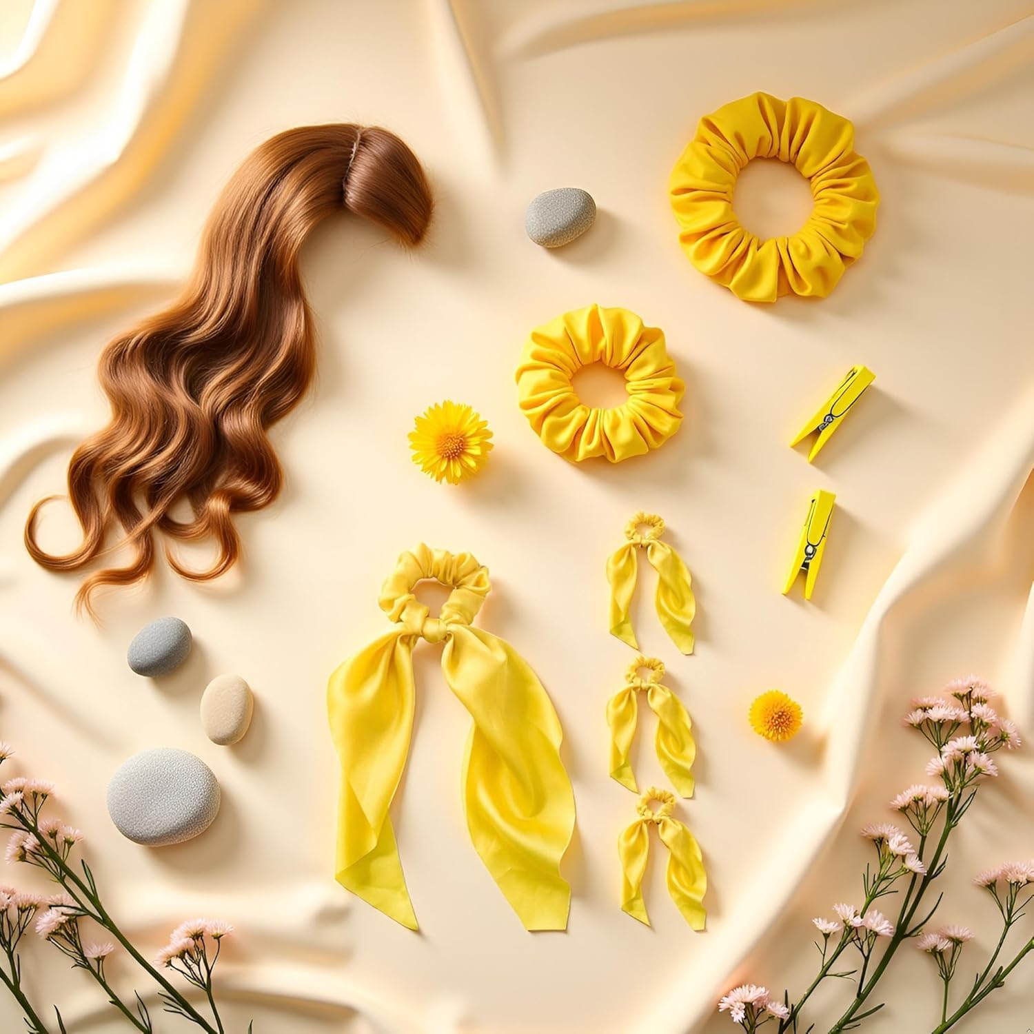 4 Pcs Yellow Women Girl Bow Satin Ribbon Ponytail Scarf Hair Tie Rope Scrunchies Elastic Band Hair Scrunchies Bands Elastics and Ties Hair Elastics Ties Hair Accessories image number 2