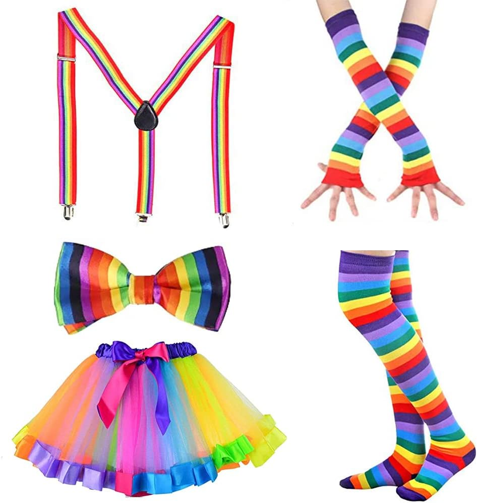 AUTOWT 80S Women Costume Accessories Set, Rainbow Fancy Outfits Long Stretchy Gloves Socks Tulle Tutu Skirt Adjustable Suspender Bow Ties for Cosplay Themed Party image number 3