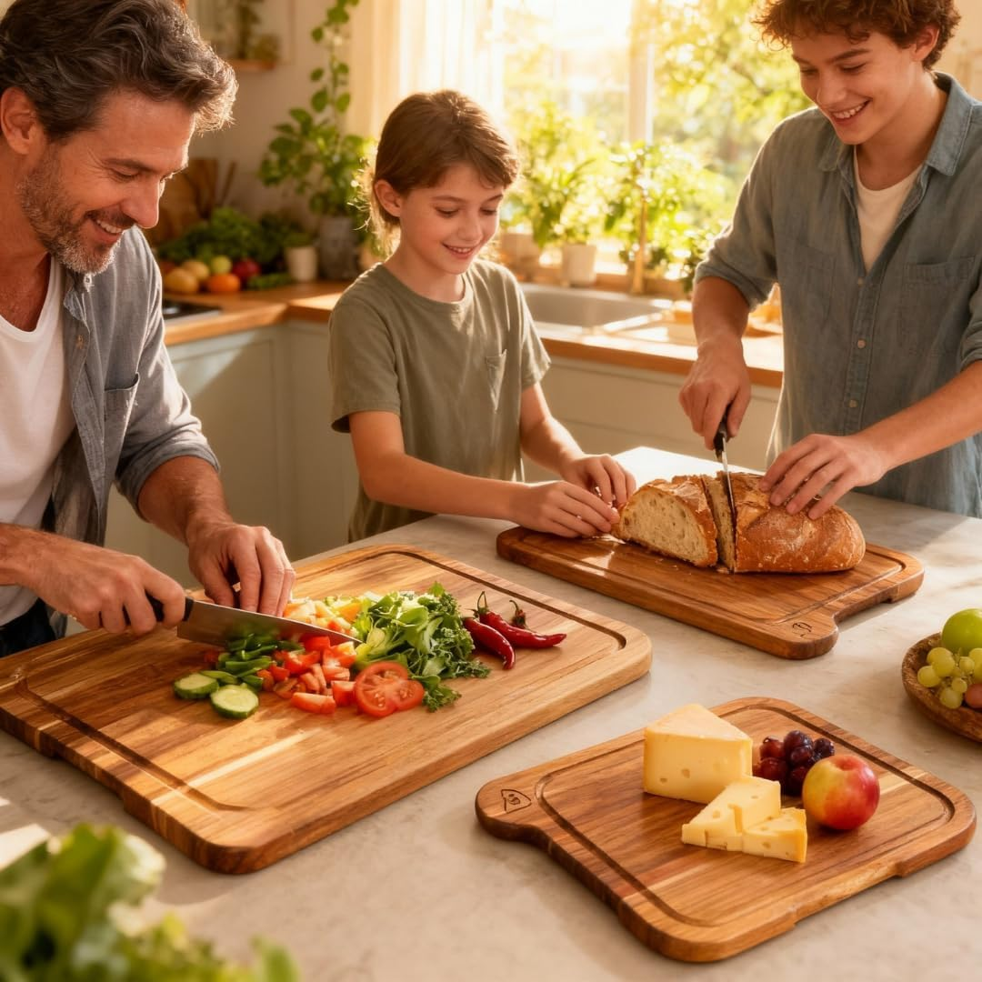 LOSTRU 3-Piece Non-Toxic Acacia Wood Cutting Board Set with Stand - FSC Certified Wooden Chopping Boards - Engraved Food-Safe Icons, Deep Juice Grooves, Kitchen Space-Saving Organizer, Multi-Size image number 3