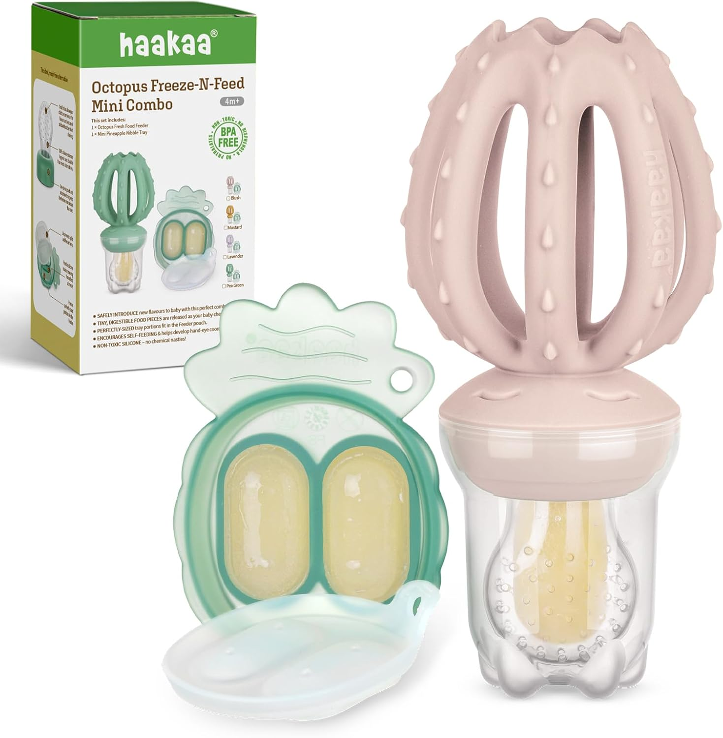 Haakaa Octopus Baby Fruit Food Feeder & Mini Freezer Nibble Tray Combo, Breastmilk Popsicle Molds for Cooling Relief, BPA Free Silicone Feeder for Safe Infant Self Feeding, 4 Month+ (Blush)