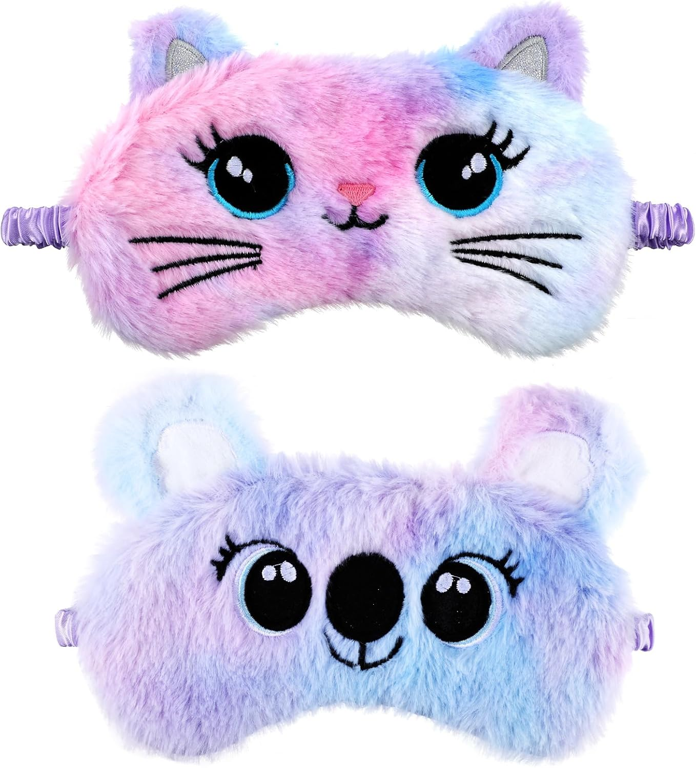 2 Pcs Plush Eye Mask Soft Sleeping Blindfold Eye Cover Comfortable Cute Animal Sleeping Mask Satin Nap Night Eyeshade Cover for Women Men Gift (Pink Muliticolor Cat Style)