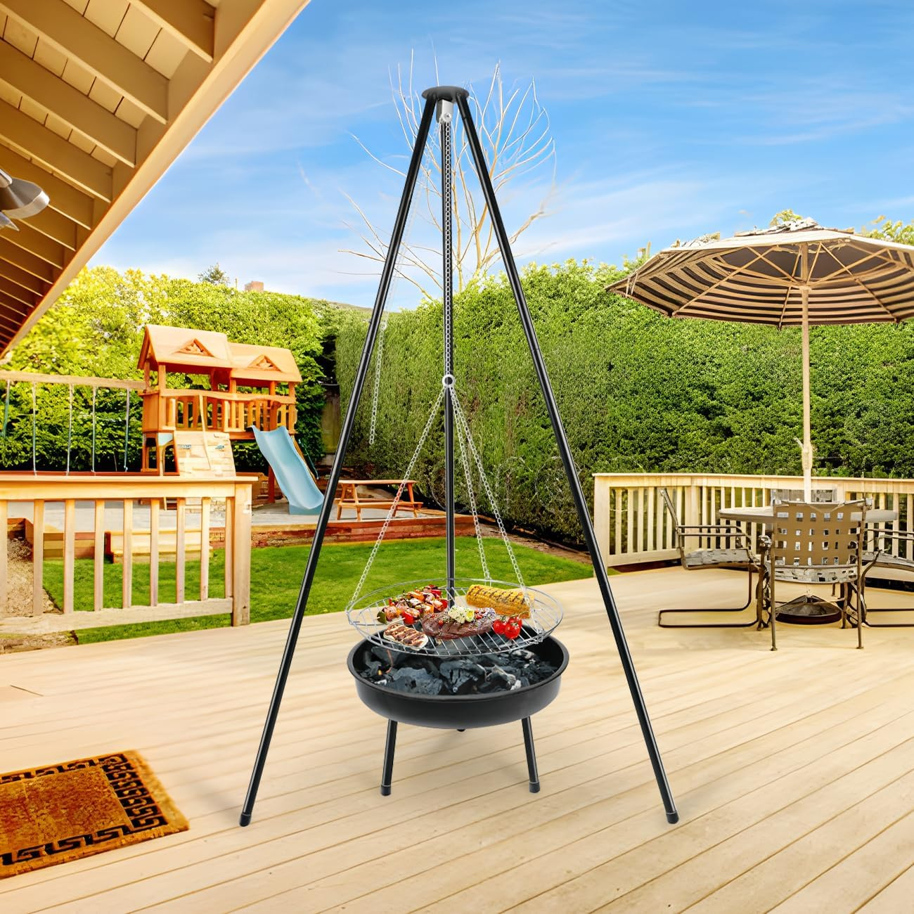 Gzcmxh Campfire Tripod Grill: Campfire Cooking with Adjustable Height Hook - Durable Stainless Steel Grill for Outdoor Picnic,Camping (Black) image number 5