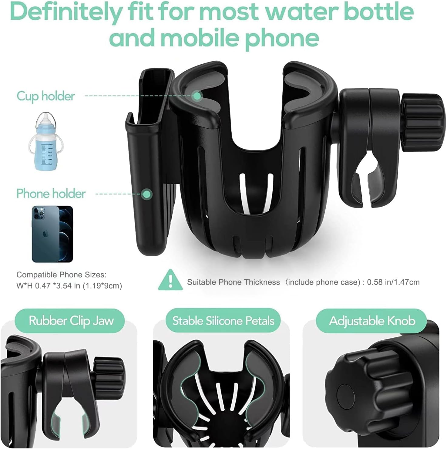 Universal Stroller Cup Holder with Phone Holder, Bike Cup Holder, 2-In-1 Cup Phone Drinks Holder Organizer for Stroller Accessories, Bicycle, Wheelchair, Walker, Scooter - Easy to Install and Remove image number 6