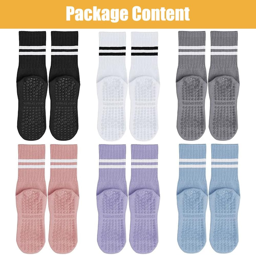Meunmro Yoga Socks 6 Pairs for Women, Pilates Grip Socks, Non-Slip Socks for Yoga Pilates Ballet Dance Fitness, One Size