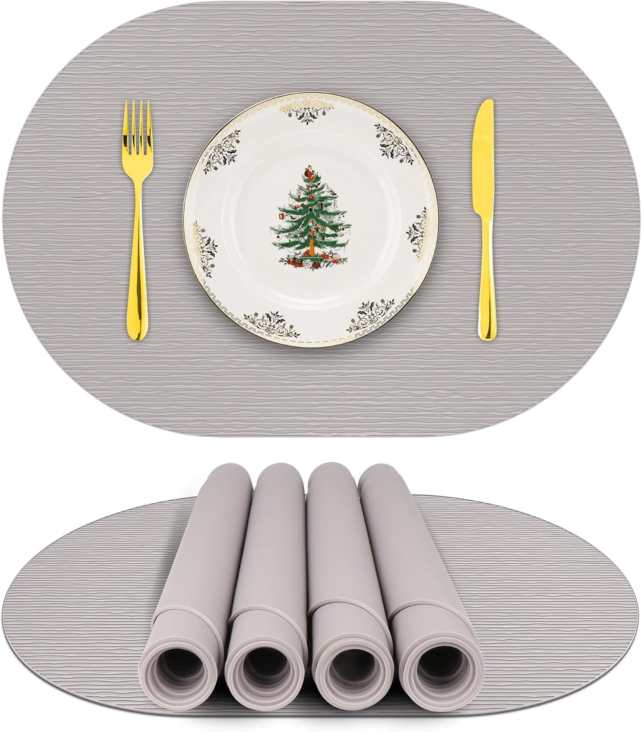 IYYI Silicone Placemats, Oval Placemats for Dining Table, Dishwasher Safe Table Mats Waterproof Non-Slip Kids Placemats Set of 4 （Light Gray-Line）