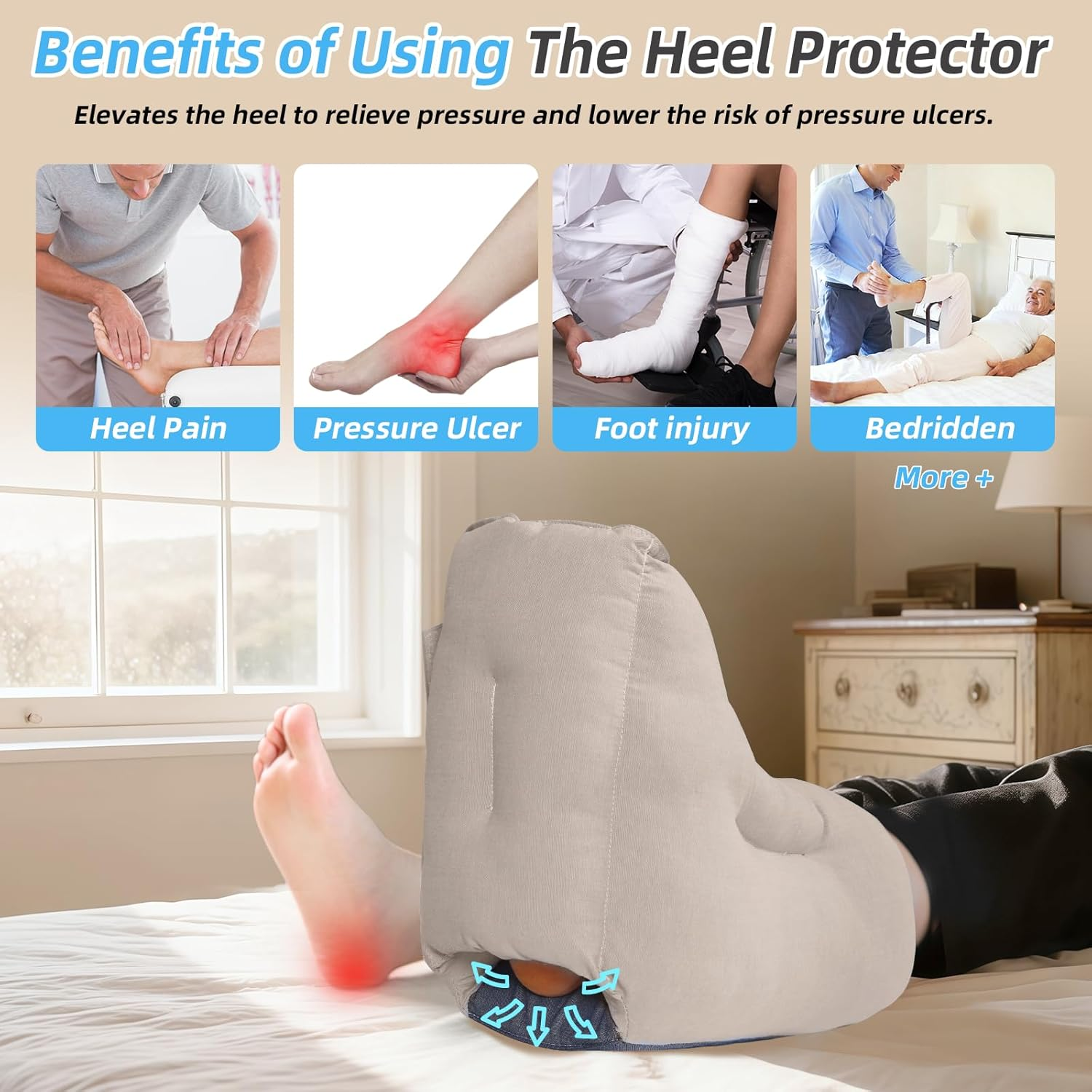 Heel Cushion Protector for Pressure Sores Relief, Foot Pillow for Bed Sores for Heel Pain and Injury, Suitable for Elderly,Bedridden Patients in Home or Hospital Care-Pack of 1 Count (Khaki, Standard Size) - Blue image number 2
